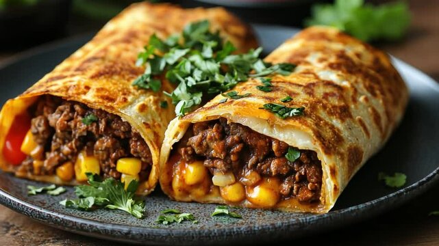 Delectable Burrito Delight: Two mouthwatering burritos sit invitingly on a plate. These savory handheld delights, with perfectly grilled exteriors.