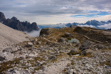 The specular landscape of trial routh to Tre Cime, Dolomite, Italy.