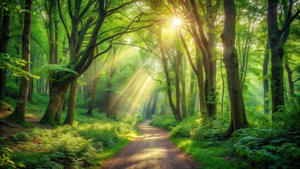 Obraz premium Serene forest trail winding through dense foliage and towering trees with sunlight filtering through the canopy above, forest, greenery