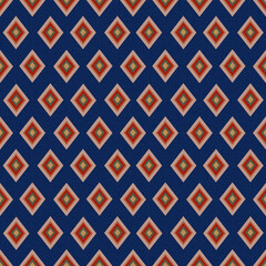 Seamless Geometric Diamond Pattern with Retro Colors on Navy Blue Background – Bold Textile or Wallpaper Design, Retro Seamless Diamond Geometric Pattern with Abstract Background for Fabric Design