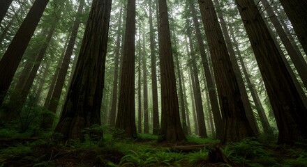 Fototapeta premium Majestic Forest of Towering Redwood Trees Surrounded by Mist