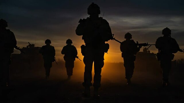 Slow Motion. silhouette of a group, silhouette of Armed Soldiers on the Desert, Squad of Fully Equipped and Armed Soldiers Standing in Desert Environment in Sunset Light. silhouettes of Armed Soldiers