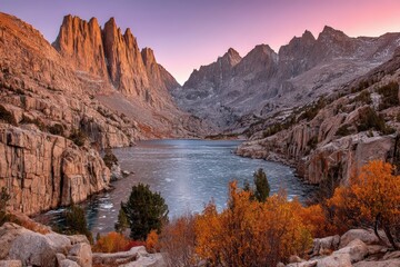 A serene alpine lake surrounded by rugged mountains and autumn foliage under a colorful sunset sky.