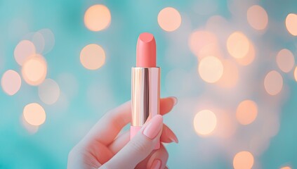 Coral lipstick with hand, and bokeh lights.