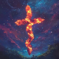 Cross of fire against the evening sky background - religious symbol, spiritual design, faith art