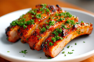 Grilled BBQ ribs with smoky glaze and fresh parsley garnish served on white plate, delicious and savory meal