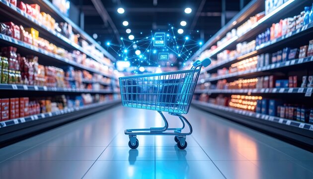 Shopping cart in a modern supermarket aisle with digital overlays, showcasing products and technology