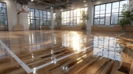 Sunlit Indoor Basketball Court  Hardwood Floor  Modern Design  Sports Facility