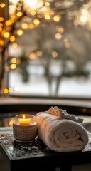 Cozy winter spa candle with towel.
