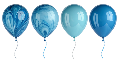 Blue gradient and pastel sky balloons in glossy latex finish – floating party decor with soft tones and reflections on transparent background
