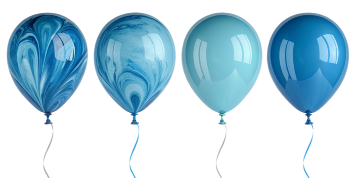 Blue gradient and pastel sky balloons in glossy latex finish – floating party decor with soft tones and reflections on transparent background