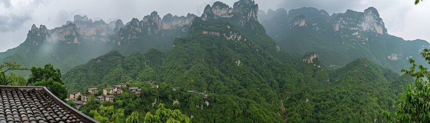 Lush green mountains with mist and scattered traditional buildings nestled in a scenic valley under a cloudy sky.