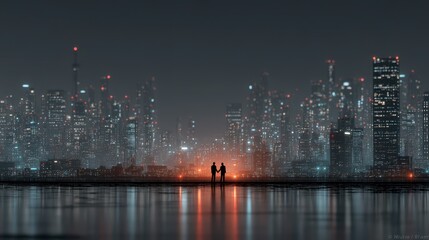 Night Cityscape  Two Figures  Hand in Hand  Modern Metropolis  Urban Background