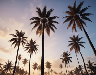 Tall palm trees silhouettes against a bright sky, vibrant contrast,  tropical plants,  silhouette art,  bright light
