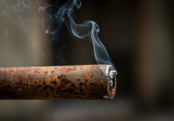Rusty metal pipe with smoke