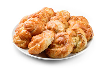 Fresh loaf of breads or buns with cottage cheese on plate isolated on white background. Pastries and bread, top view, close up
