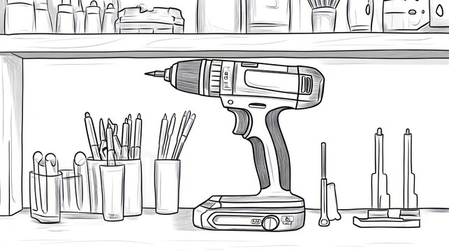Cordless drill on workbench, art supplies background, DIY project