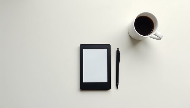 E reader coffee cup and pen on a white surface layout