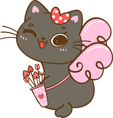  Cute Cupid Valentine Black Cat winking eye Kawaii Cartoon Doodle