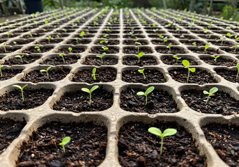 Seedlings in trays showing early stages of plant life and growth