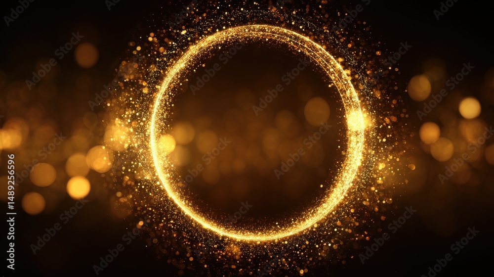 Poster circle of shimmering golden light particles in a dark background, creating a magical and enchanting 