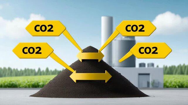 CO2 Emission & Plant illustration: Visual representation of CO2 emissions from a factory, with arrows indicating the flow. This imagery showcases environmental impact.