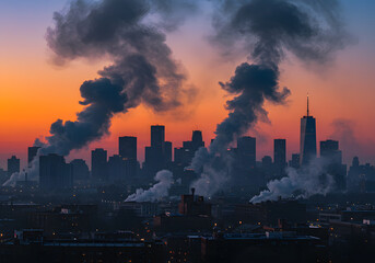 Smoky city sunrise skyline