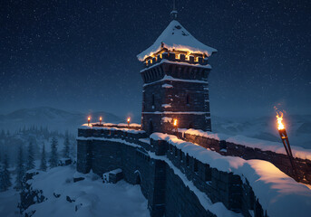 Snow covered medieval watchtower at night