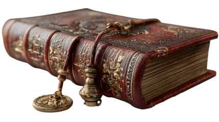 A vintage leather-bound journal with gold-foil details, evoking classic writing traditions, placed on white --ar 16:9 --v 7.0 --s 750