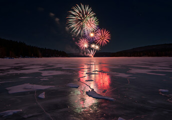 Spectacular fireworks display over frozen lake at night with colorful reflections