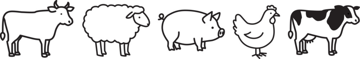 家畜動物、食肉用動物のアイコンベクター