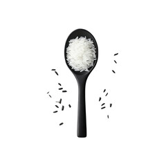 Black Spoon with White Rice Grains and Scattered Black Rice