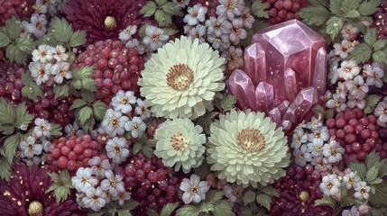 Luxurious Floral Arrangement with Amethyst Crystals  Premium Botanical Still Life