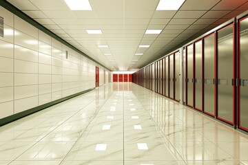 Fototapeta premium A modern, brightly lit data center hallway with shiny floors and rows of server racks.