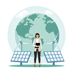 Sustainable industry with windmills and solar energy panels.