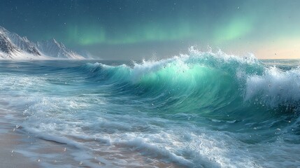 Arctic Ocean Wave  Aurora Borealis  Winter Seascape  Coastal Scene   Natural Beauty