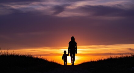 Mother's Day,, Mother and child silhouette against a dramatic sunset sky evening scene togetherness family concept warm colors peaceful landscape