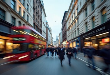 Obraz premium Long Exposure London Street with Red Bus and Walking People