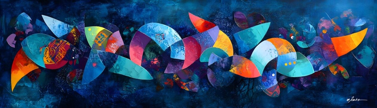 Vibrant abstract composition of interwoven shapes.