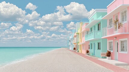 Obraz premium Pastel Beach Houses Oceanfront Miami Art Deco Style Dreamy Coastal Scene