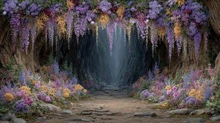 Enchanted Forest Path  Magical Blooming Tunnel  Flower Archway  Fantasy Landscape