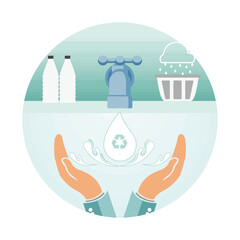 Water Conservation with Hands, Recycle Droplet, and Sustainable Symbols.