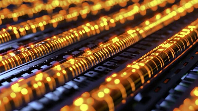 Glowing cylinders arranged in parallel rows, creating a complex, technological pattern