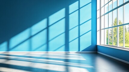 Empty room with large window and sunlight