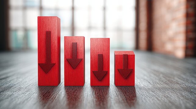 Declining Financial Chart  Red Downward Arrows  Economic Recession  3D Minimalist Illustra