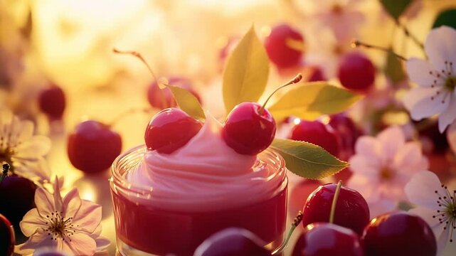 A jar of cherry flavored lotion is surrounded by a bunch of cherries. The cherries are arranged in a way that they look like they are floating on the lotion. Concept of freshness and natural beauty