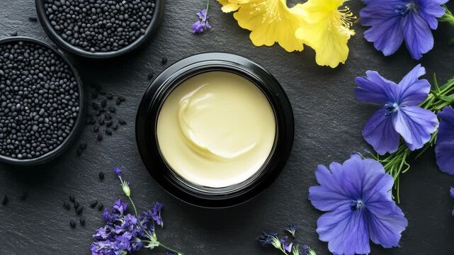 A jar of cream sits on a table with flowers and black beans. The jar is the main focus of the image, and the flowers and beans are arranged around it
