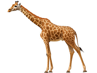 Obraz premium A tall giraffe with distinctive brown and white patterned fur stands in profile against a white background.