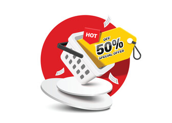 A yellow promotional sign or tag label with the message 'special offer 50% off' is placed in a white shopping basket that is on a round white podium, vector 3d isolated for banner advertising design