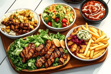 Serving a Variety of Dishes with Fresh Salad, Crispy Fries, and Grilled Delights